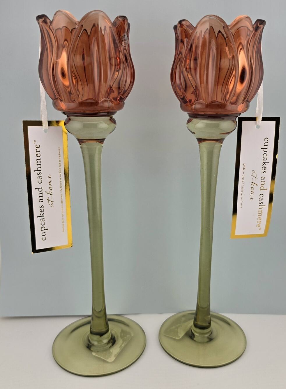 Cupcakes and Cashmere Set of 2 Glass Flower Candle Holders Pink/Green 10"